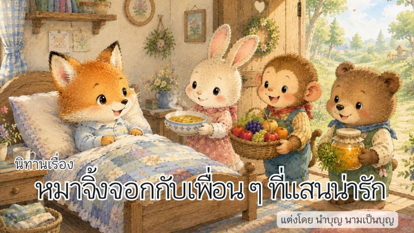 "ภาพประกอบนิทาน หมาจิ้งจอกตัวน้อยนอนป่วยบนเตียง เพื่อนสัตว์น่ารักคอยดูแลด้วยซุป ผลไม้ และน้ำผึ้ง บรรยากาศอบอุ่นในห้องนอนชนบท"