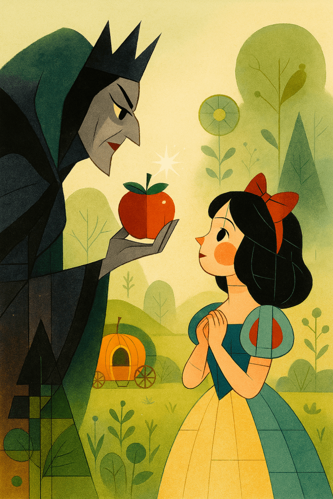 ภาพประกอบนิทานเรื่องเจ้าหญิงสโนว์ไวต์ เป็นฉากสำคัญที่แม่มดใจร้ายในคราบหญิงชรานำแอปเปิ้ลอาบยาพิษมายื่นให้เจ้าหญิงสโนว์ไวต์