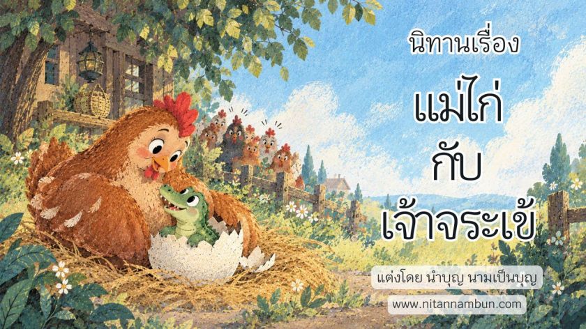 แม่ไก่กำลังฟักไข่และดูแลลูกจระเข้ตัวน้อยที่เพิ่งฟักออกจากไข่ ในนิทานเรื่องแม่ไก่กับเจ้าจระเข้