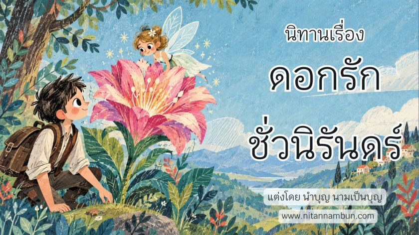 ชายหนุ่มกำลังมองดอกรักชั่วนิรันดร์ขนาดใหญ่ โดยมีนางฟ้าน้อยบินอยู่เหนือดอกไม้กลางป่าแห่งมนตร์ จากนิทานเรื่องดอกรักชั่วนิรันดร์
