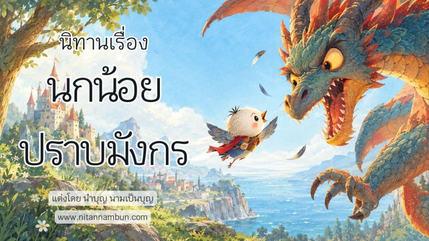 นกน้อยสวมผ้าคลุมสีแดงบินท้าทายมังกรยักษ์กลางอากาศ เบื้องหลังมีปราสาทบนเนินเขาและท้องฟ้าสีสดใส ภาพประกอบนิทานเรื่อง นกน้อยปราบมังกร