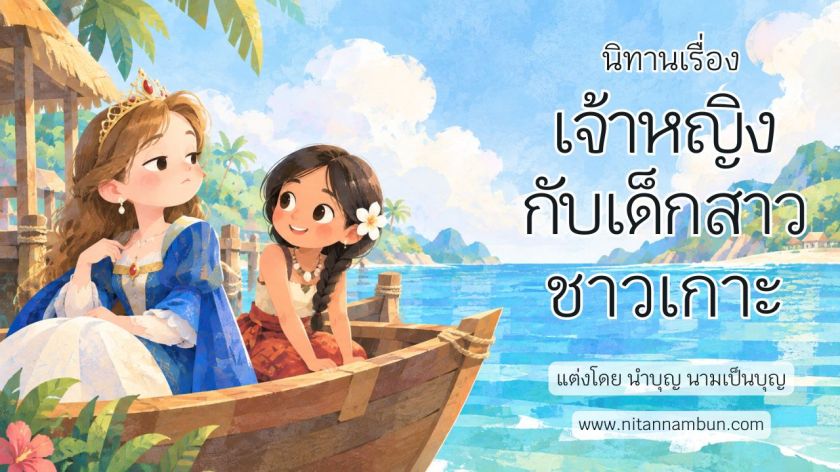 ภาพประกอบนิทาน เจ้าหญิงกับเด็กสาวชาวเกาะ เจ้าหญิงในชุดสีน้ำเงินนั่งเรือกับเด็กสาวชาวเกาะริมทะเลเขตร้อน