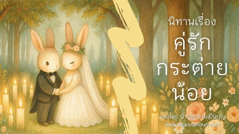 คู่รักกระต่ายน้อยในชุดแต่งงานยืนเคียงกันกลางป่า ล้อมรอบด้วยแสงเทียนและดอกไม้ในบรรยากาศอบอุ่น