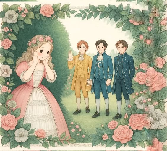 เจ้าหญิงสายลมในชุดสีชมพูยืนอยู่กลางสวนกับเจ้าชายทั้งสามในชุดประจำตัว