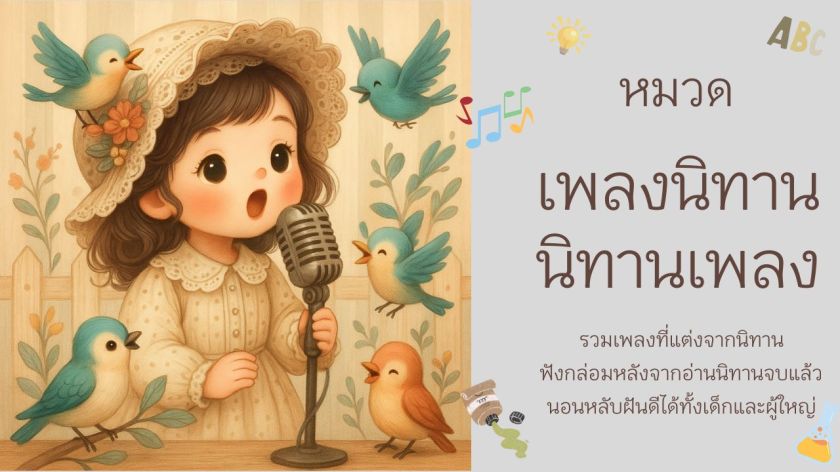 เด็กผู้หญิงร้องเพลงนิทานกับนกน้อย ภาพประกอบหมวดนิทานเพลงและเพลงนิทานสำหรับเด็กจากเว็บนิทานนำบุญ
