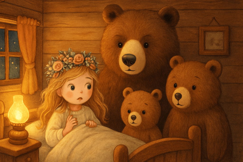 ฉากที่หมีสามตัวกลับบ้านมาพบว่า มีเด็กผู้หญิงผมทองเข้ามานอนบนเตียงของลูกหมีโดยไม่ได้รับอนุญาต