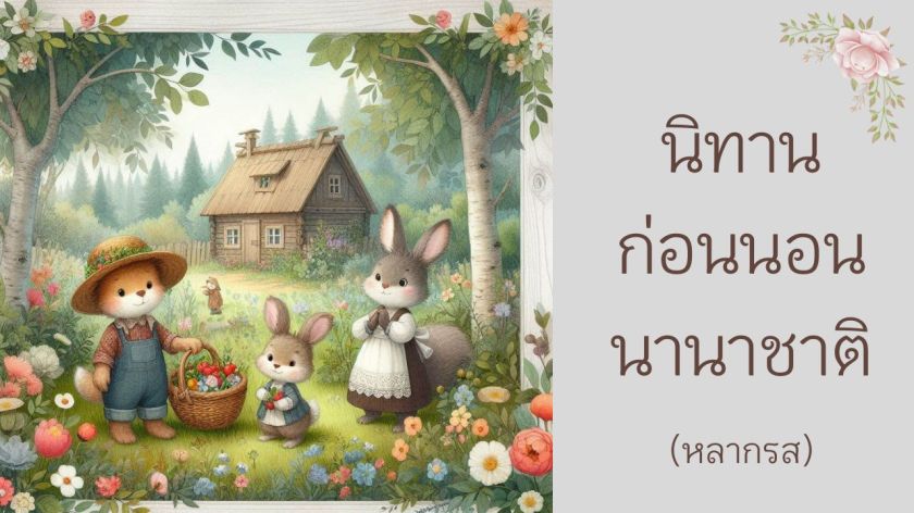 ภาพสัตว์น่ารักในสวนดอกไม้หน้าบ้านไม้ ใช้ประกอบนิทานก่อนนอนแนวธรรมชาติ