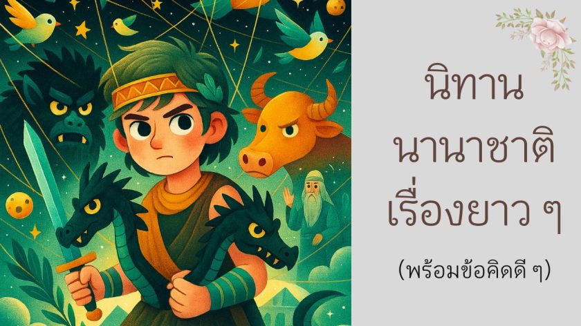 ภาพประกอบนิทานต่างประเทศเรื่องยาว มีตัวละครแฟนตาซีและสัตว์ในตำนาน