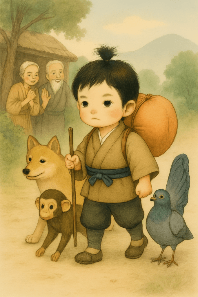 ภาพโมโมทาโร่ เจ้าหนูลูกท้อ เด็กชายในชุดญี่ปุ่น เดินทางไปปราบปีศาจกับสัตว์ต่าง ๆ  