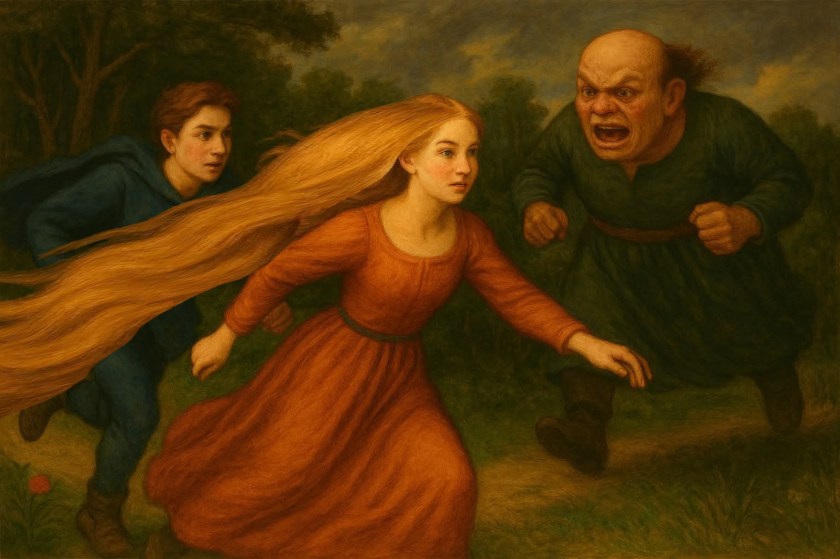 ภาพประกอบนิทานสาวน้อยเปโตรซิเนลลา เด็กหญิงผมแดงกำลังหลบหนีจากนางยักษ์ในฉากป่า สื่อถึงความกล้าหาญและการหลุดพ้น