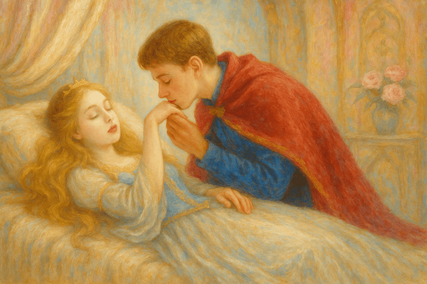 เจ้าหญิงนิทรานอนหลับอยู่ในห้องบรรทม ท่ามกลางแสงอ่อนและพุ่มกุหลาบหนามที่ปกคลุม สื่อถึงการหลับใหลหนึ่งร้อยปีตามคำสาปในนิทานเจ้าหญิงนิทรา sleeping beauty หรือ Dornröschen