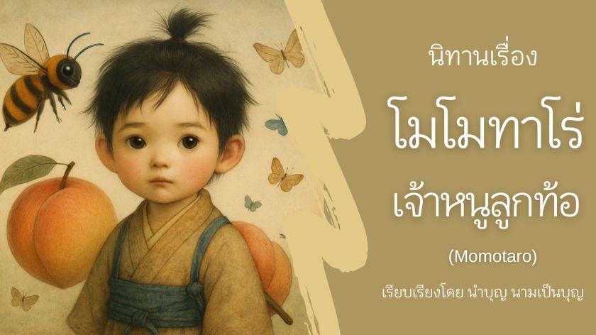 ภาพหน้าปกนิทานโมโมทาโร่ เจ้าหนูลูกท้อ เด็กชายในชุดญี่ปุ่นถือลูกท้อ