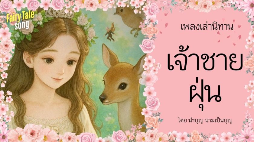 ภาพประกอบเพลงเล่านิทาน เจ้าชายฝุ่น มีเจ้าหญิง กวางดาว และดอกไม้สีชมพู