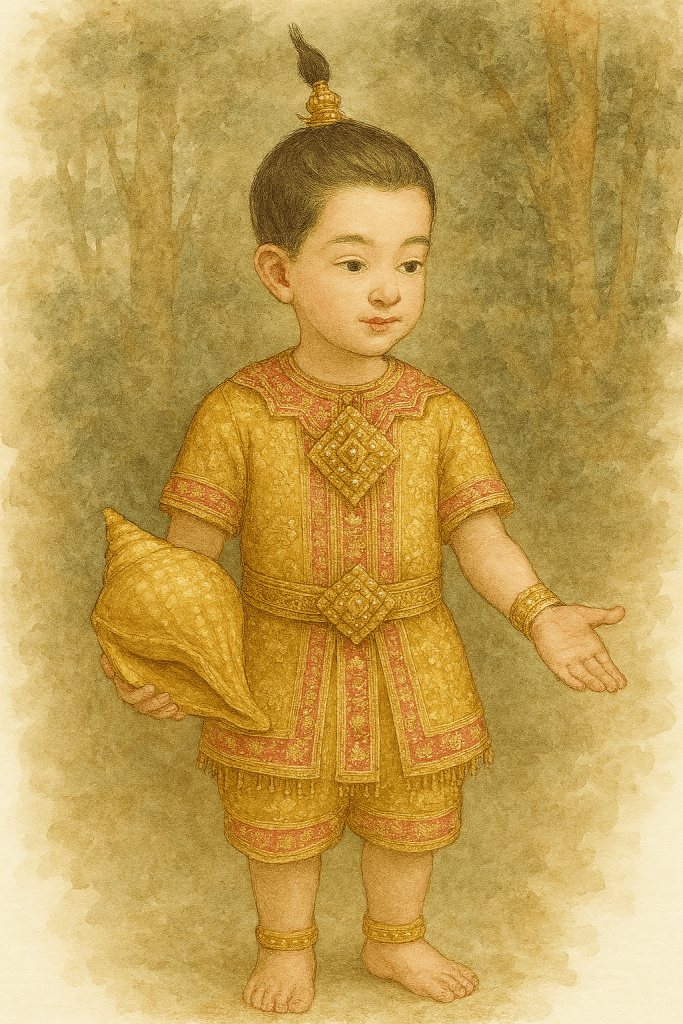 Illustration of a young Thai boy holding a golden conch shell, dressed in traditional attire, with soft textured background – the folktale “The Golden Conch Child and His Mother’s Love”