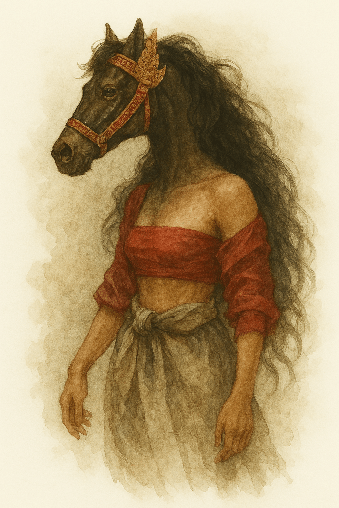 Illustration of Kaew Na Ma, the horse-faced heroine from Thai folklore, symbolizing inner beauty, loyalty, and quiet strength.