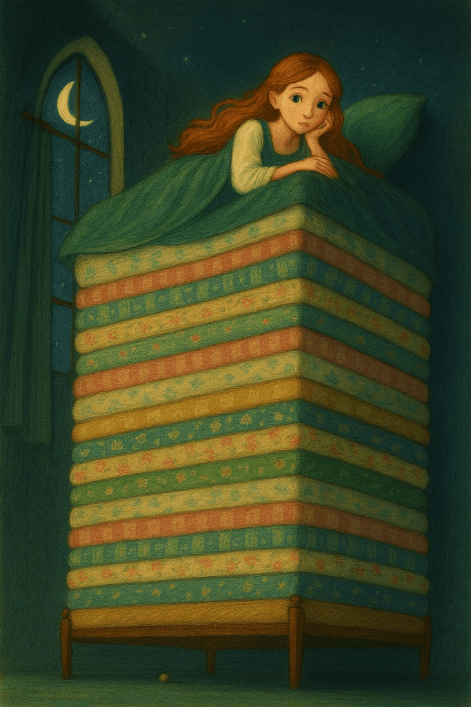 ภาพเจ้าหญิงนอนบนเตียงสูงในนิทานเจ้าหญิงกับเมล็ดถั่ว