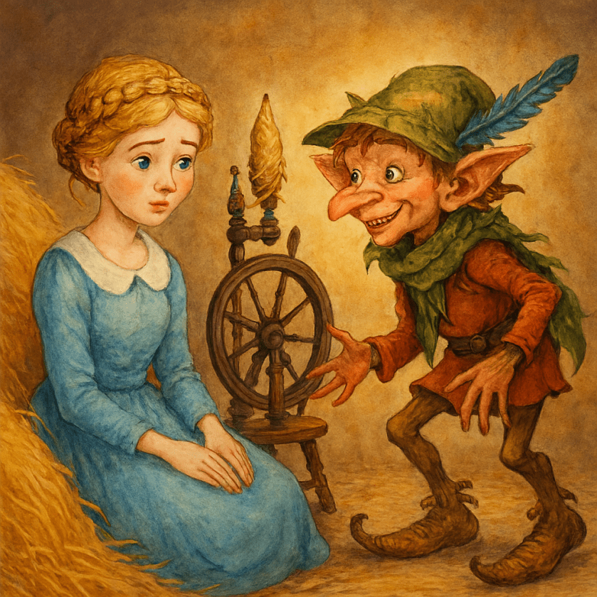 หญิงสาวนั่งข้างวงล้อปั่นด้าย มองภูตตัวเล็กที่แต่งกายสีสดใสซึ่งกำลังเสนอความช่วยเหลือในนิทานเรื่องภูตขาไม้เสียงเดินตึงตัง