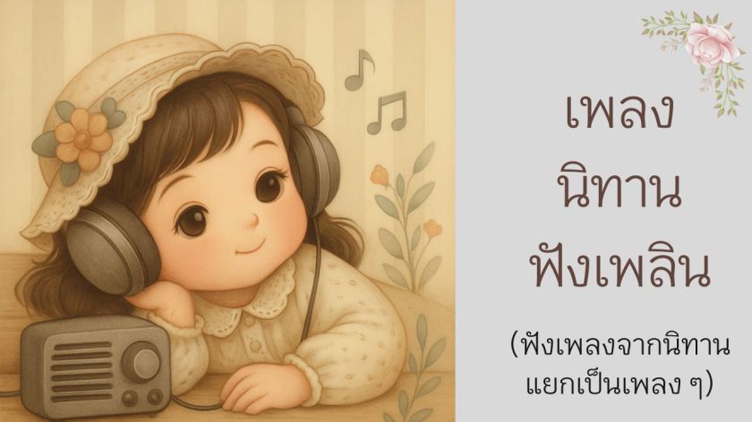 ภาพประกอบหมวดเพลงนิทานฟังเพลิน มีตัวละครใส่หูฟังและดอกไม้ล้อมรอบ