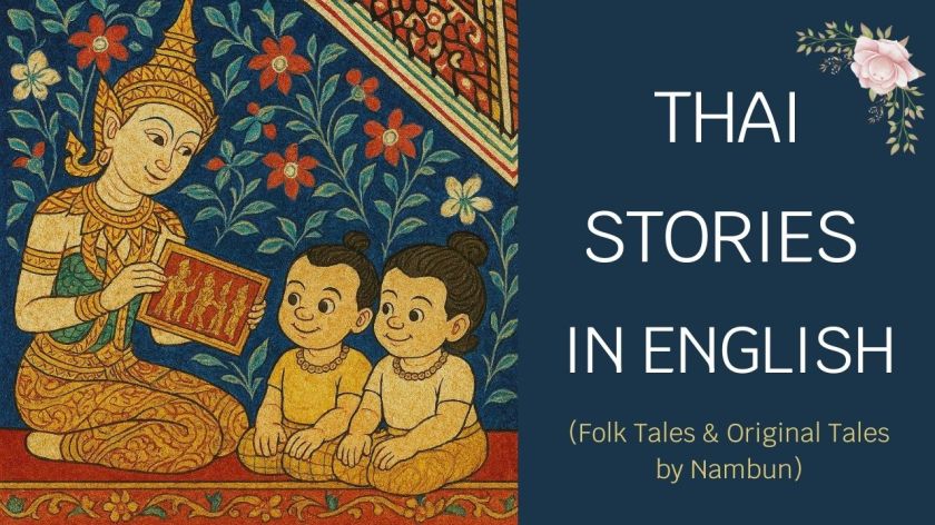 Cover image for “Thai Stories in English – Folk Tales & Original Tales by Nambun,” featuring traditional Thai artwork of a woman telling stories to children.