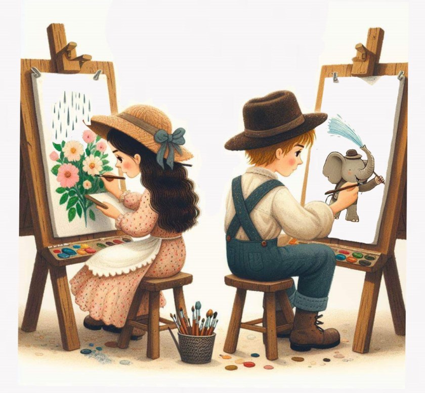 ครูไม้และครูอ้อยกำลังวาดภาพอย่างตั้งใจในนิทานเรื่อง แผนลับปราบแผนร้าย แสดงพลังแห่งศิลปะและความร่วมมือ