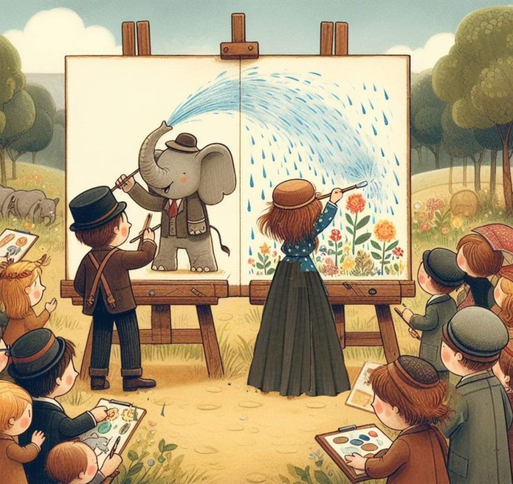 ครูไม้และครูอ้อยนำภาพของตนมาวางเคียงกัน กลายเป็นภาพช้างรดน้ำดอกไม้จากนิทานเรื่อง แผนลับปราบแผนร้าย