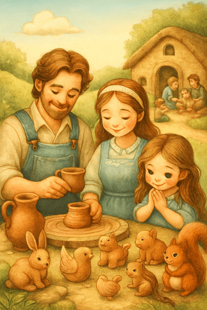 ครอบครัวพ่อแม่ลูกกำลังปั้นตุ๊กตาดินรูปสัตว์อย่างมีความสุข