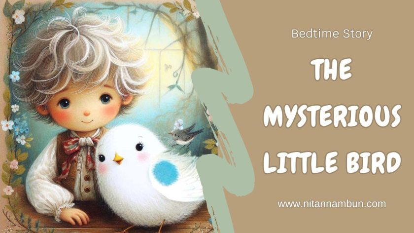 A gentle illustration of a child with silver curls sitting beside a white bird with blue wings, bathed in soft window light — evoking quiet love and unseen kindness.