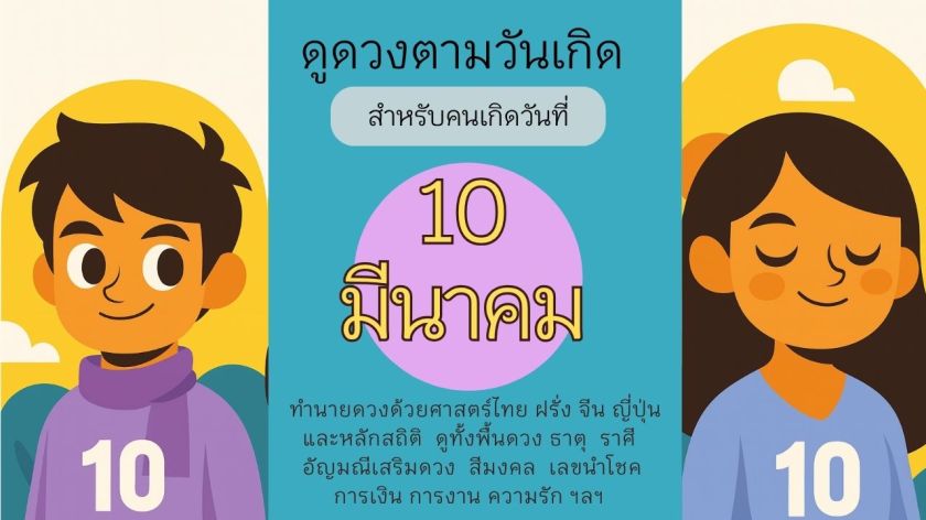 ภาพประกอบชายหญิงสำหรับคนเกิดวันที่ 10 มีนาคม สวมเสื้อสีม่วงลาเวนเดอร์และฟ้าอ่อน มีตัวเลข “10” บนเสื้อ พร้อมพื้นหลังสีเหลืองและภูเขาสีฟ้า สื่อถึงความอ่อนไหวและจินตนาการ