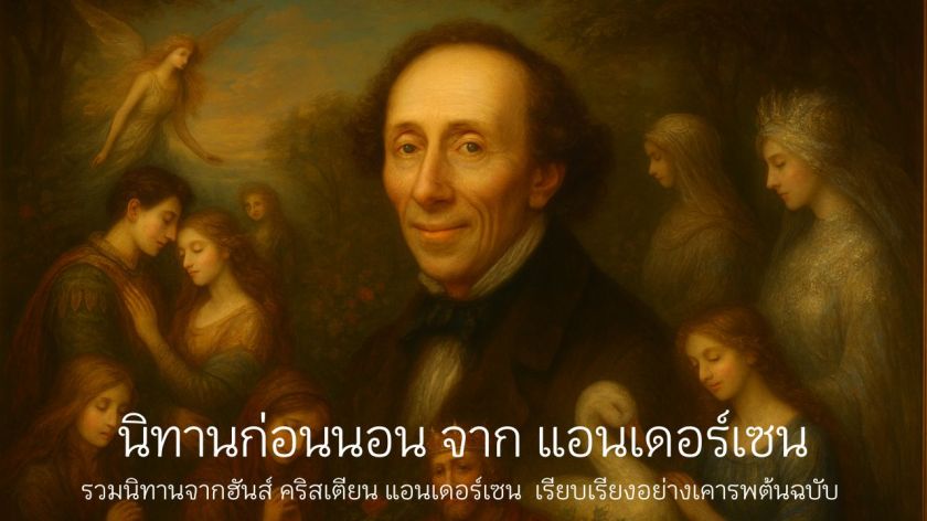 ภาพวาดคลาสสิกของฮันส์ คริสเตียน แอนเดอร์เซน รายล้อมด้วยตัวละครจากนิทานก่อนนอน เช่น เงือกน้อย ลูกเป็ดขี้เหร่ เด็กหญิงขายไม้ขีดไฟ ราชินีหิมะ และตุ๊กตาทหารตะกั่ว