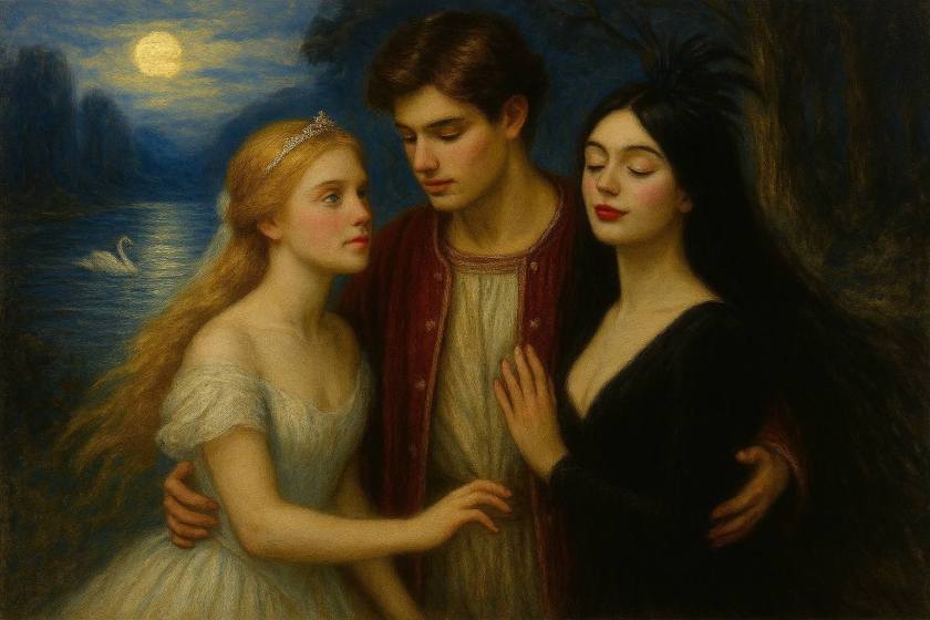 เจ้าชายซิกฟรีดอยู่ระหว่างเจ้าหญิงโอเดตต์ในชุดขาวและหญิงสาวในชุดดำ โอดีล ตัวแทนความรักและการหลอกลวง จากนิทานตำนานรักทะเลสาบหงส์ Swan Lake