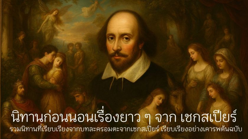 ภาพวาดคลาสสิกของวิลเลียม เชกสเปียร์ รายล้อมด้วยตัวละครในชุดยุคโบราณ ใช้ประกอบหมวดนิทานก่อนนอนเรื่องยาวจากบทละครอมตะ