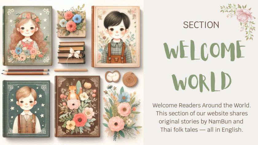 Vintage-style illustration of children and floral notebooks, introducing the Welcome World section for English-language Thai stories.