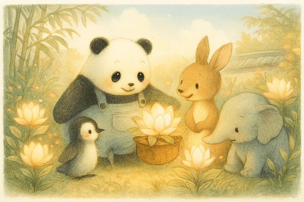 Panda, rabbit, elephant, and penguin gather around a glowing flower in a basket — celebrating the full circle of kindness in “The Journey of Happiness” by NitanNambun.
