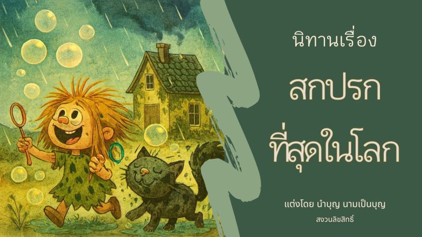 เด็กหญิงถือไม้เป่าฟองสบู่ เดินเล่นกลางสายฝนกับแมวดำ