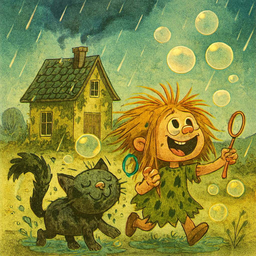 เด็กหญิงผมสีส้มถือไม้เป่าฟองสบู่ วิ่งเล่นกลางสายฝนกับแมวดำหน้าบ้านหลังเล็ก