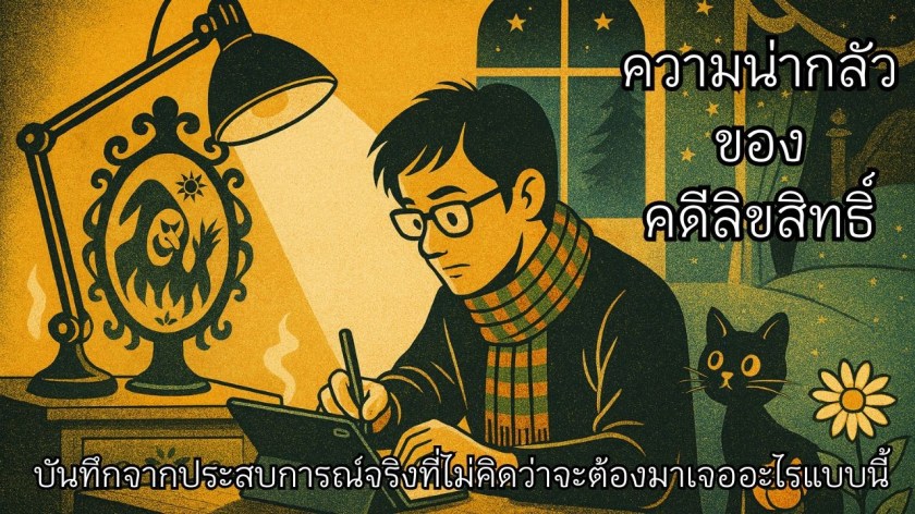 นักเขียนนั่งทำงานกลางคืนกับแมวดำ สื่อถึงความเครียดจากคดีละเมิดลิขสิทธิ์