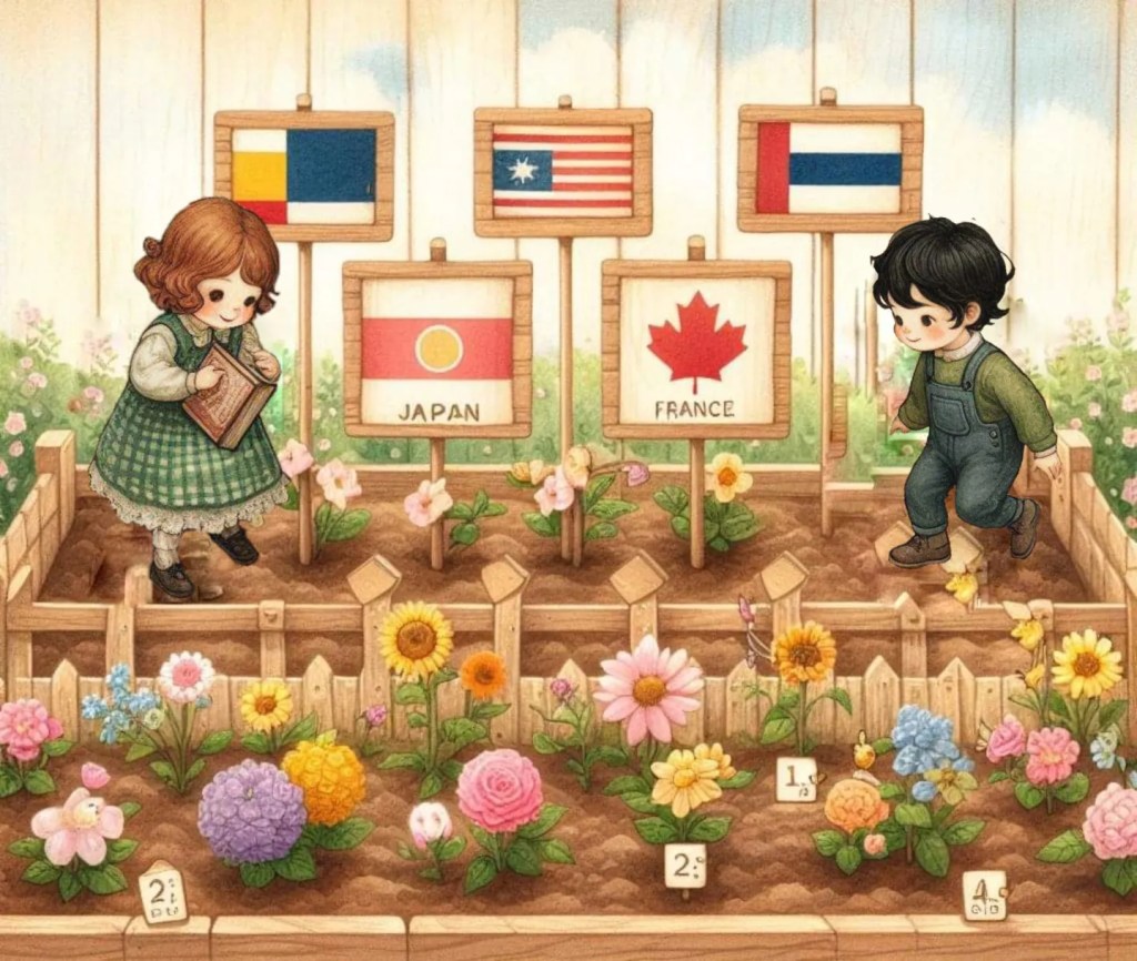 Two children stand in a flower garden divided into sections labeled with country flags, including Japan, Canada, Romania, and the Netherlands. Each section contains colorful flowers and signs with numbers and fractions. The girl holds a book while the boy explores the garden. The scene is bright and educational, blending geography, math, and nature.