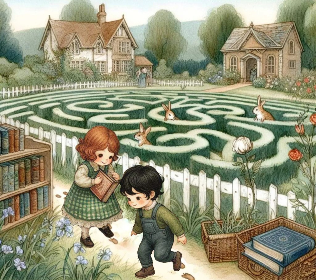 A boy and girl stand near a green hedge maze filled with rabbits. The girl holds an open book and stands by a white picket fence, while the boy follows her. Nearby are a bookshelf and a basket of books, one with a celestial cover. Quaint houses, trees, and flowers surround the scene, evoking a whimsical and adventurous atmosphere in a storybook garden.