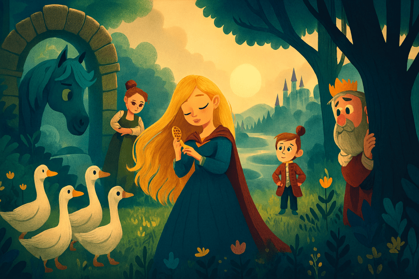 สาวผมทองในชุดน้ำเงินและผ้าคลุมแดงยืนท่ามกลางฝูงห่านในป่าแฟนตาซี มีปราสาทและตัวละครลับอยู่เบื้องหลัง