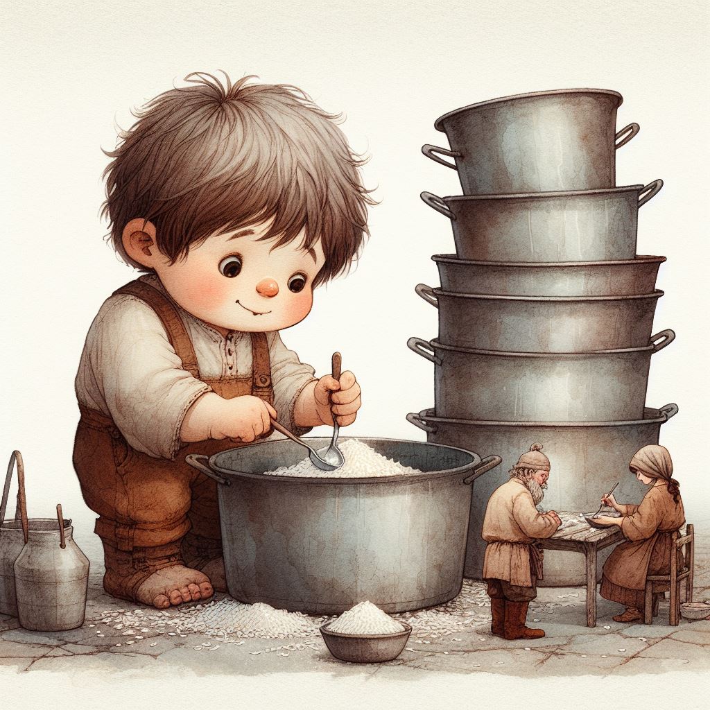 ลูกยักษ์ตัวใหญ่กำลังกินข้าวจากหม้อข้าวใบโต 