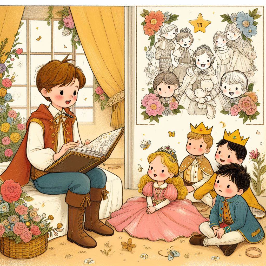 Young storyteller reading to royal children in a flower-filled room with golden curtains and fantasy decor