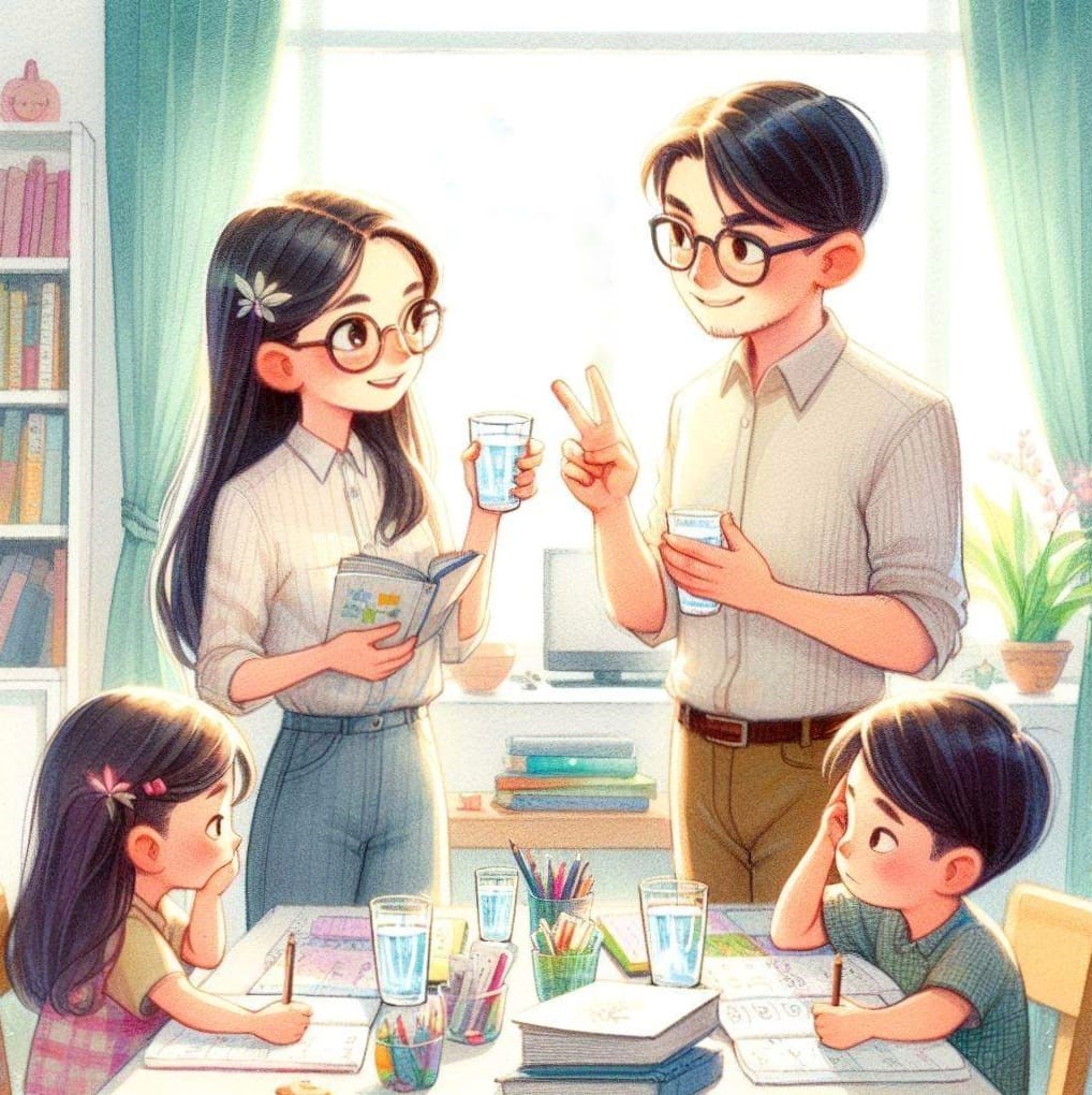 ครอบครัวกำลังคุยกันเรื่องการบวกเลข 1+1 คุณพ่อชูสองนิ้วถือแก้วน้ำสองใบ เด็กสองคนทำการบ้านอยู่ที่โต๊ะ