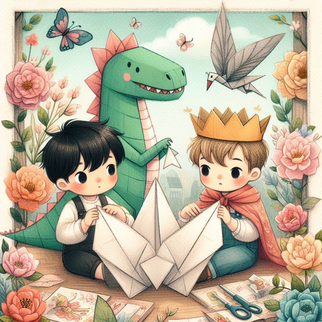 เจ้าชายกับเด็กผู้ชายที่เก่งเรื่องการพับกระดาษกำลังพับกระดาษเป็นของเล่นต่าง ๆ
