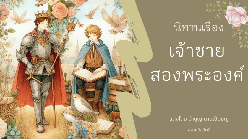 ภาพปกนิทาน เจ้าชายสองพระองค์ เจ้าชายชาตินักรบถือดาบและมงกุฎ เจ้าชายณปราชญ์นั่งอ่านหนังสือ ข้างปราสาทและดอกไม้