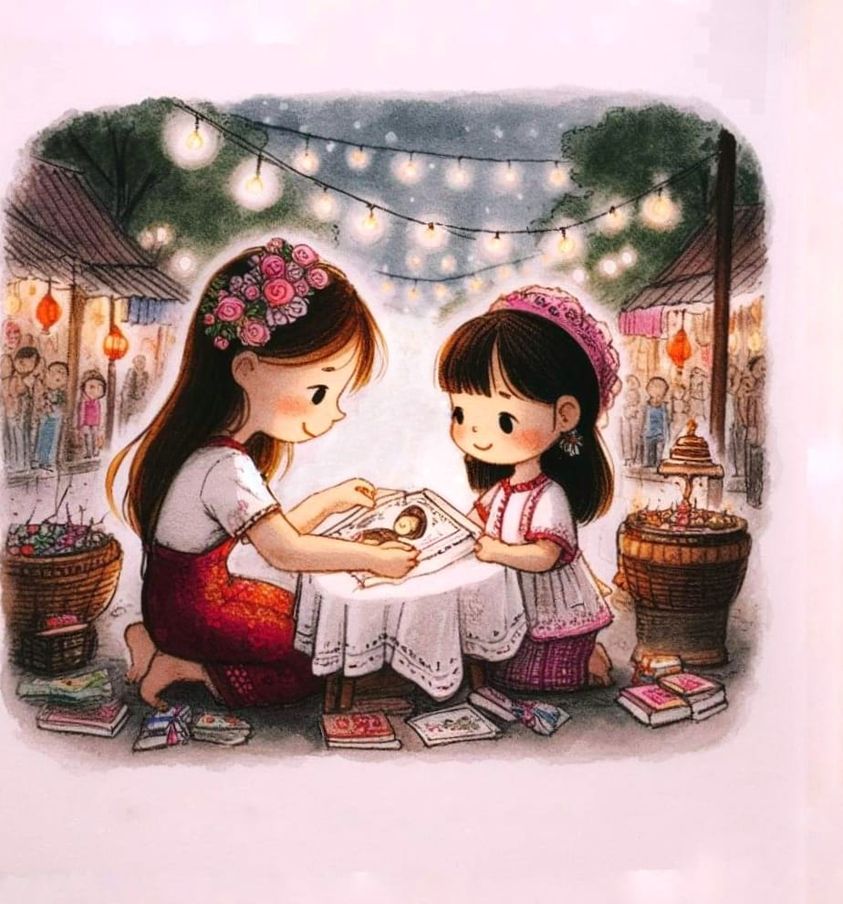 เด็กหญิงสองคนในชุดประเพณี นั่งอ่านและวาดภาพที่โต๊ะเล็กในตลาดกลางคืนหลวงพระบาง ท่ามกลางบรรยากาศอบอุ่นด้วยแสงไฟและผู้คน