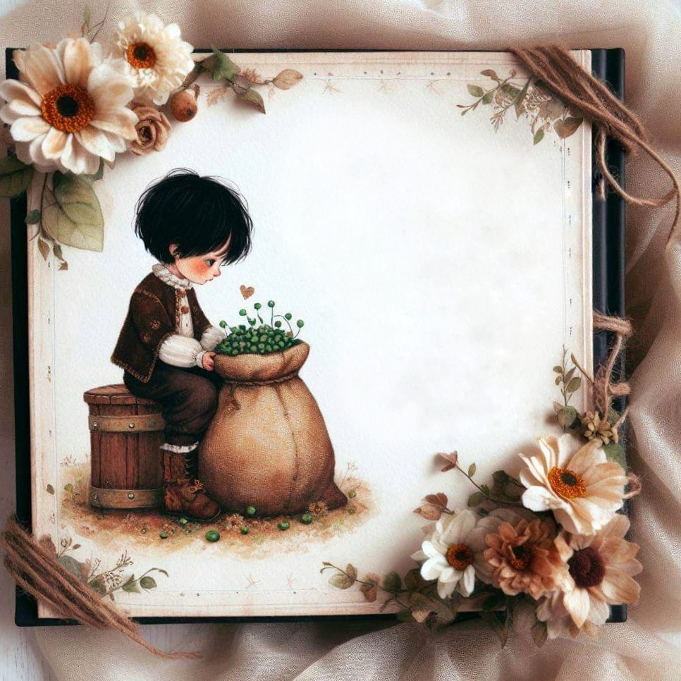 เด็กชายตัวเล็กนั่งข้างถุงถั่วเขียว กำลังมองเมล็ดถั่วอย่างสนใจ ภาพประกอบนิทานจ๊อกแจ๊กกับถั่ววิเศษ โทนอุ่นน่ารัก มีกรอบดอกไม้