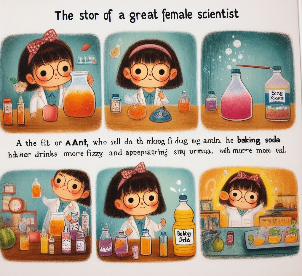 เด็กผู้หญิงนักวิทยาศาสตร์กำลังทดลองทำน้ำผลไม้ซู่ซ่าในห้องทดลอง พร้อมอุปกรณ์วิทยาศาสตร์และขวดเครื่องดื่มหลากสี