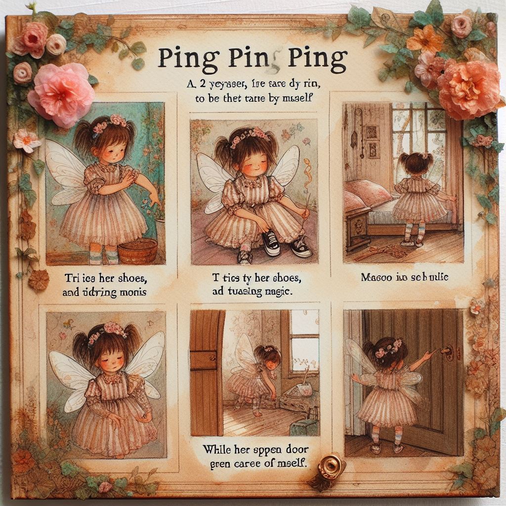 ภาพนิทานปิ๊งปิ๊งปิ๊ง นางฟ้าองค์น้อยฝึกทำสิ่งต่าง ๆ ด้วยตัวเองหลายฉาก สื่อถึงความพยายามและการเติบโตโดยไม่ใช้เวทมนตร์