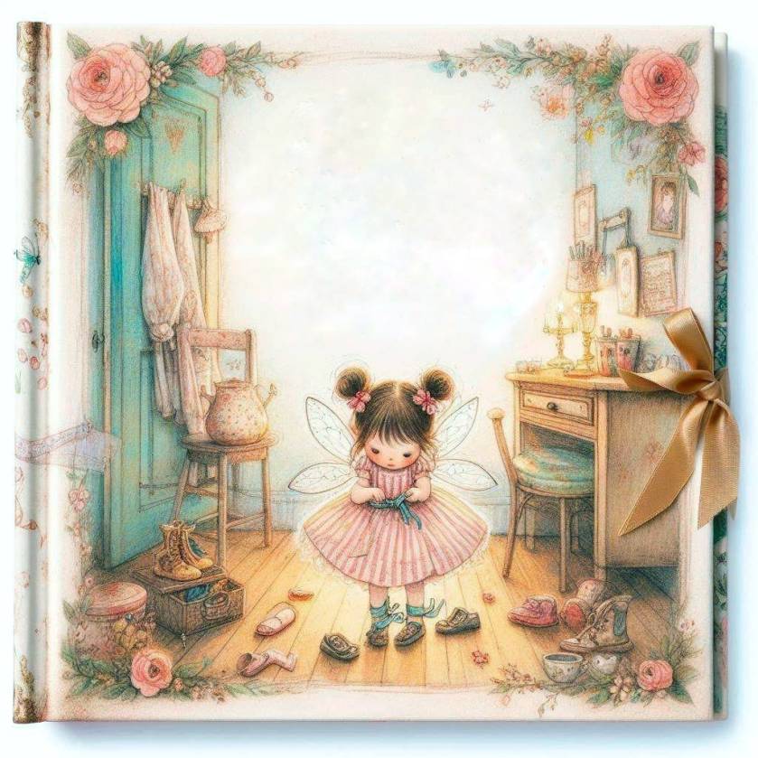 นางฟ้าองค์น้อยยืนพยายามผูกเชือกรองเท้าด้วยตัวเองในห้องนอน บรรยากาศอบอุ่น ไม่ใช้เวทมนตร์