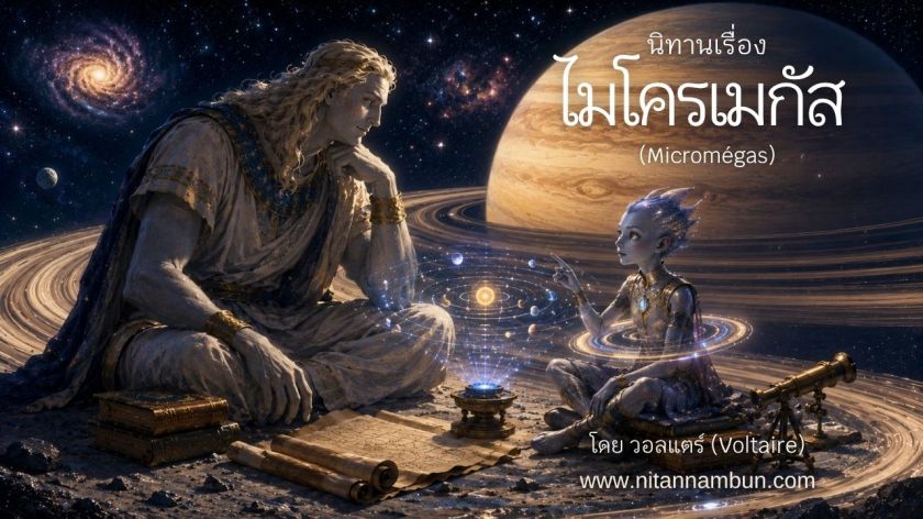 ภาพประกอบนิทานไมโครเมกัส โดยวอลแตร์ แสดงฉากสิ่งมีชีวิตต่างดาวนั่งสนทนากับนักปราชญ์ ท่ามกลางจักรวาลและดาวเคราะห์